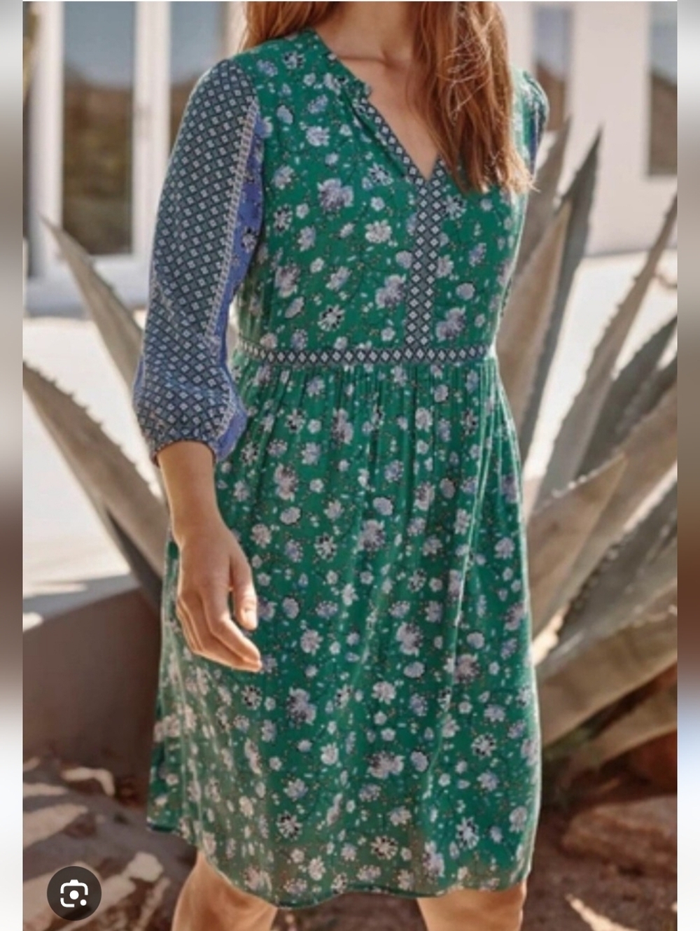 J. Jill Green Floral V-Neck Midi Dress with Blue Patterned Sleeves